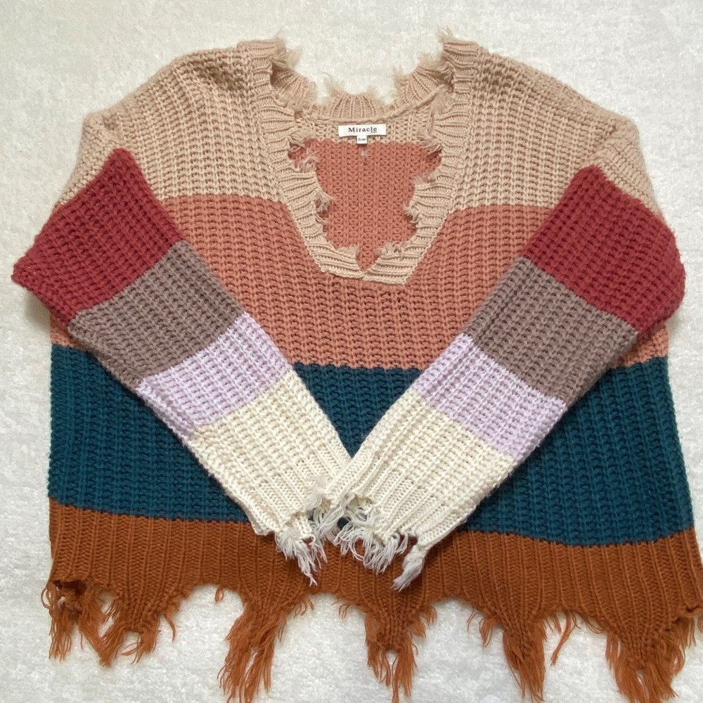Miracle USA Colorblock Distressed V-Neck Waffle Knit Sweater Womens S/M Boho